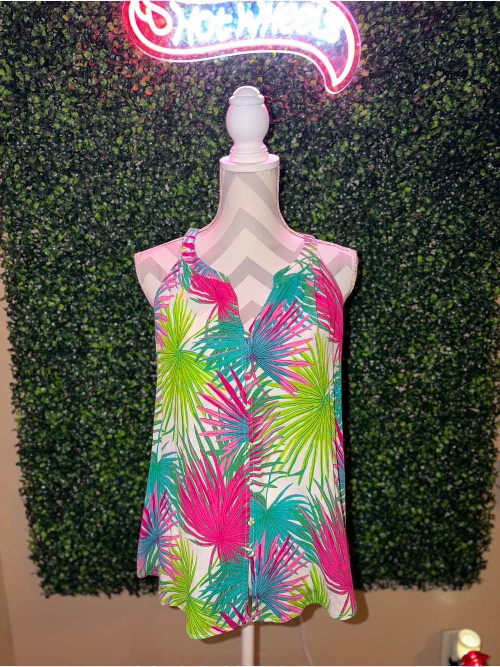 Rose & Olive Tropical Leaf Print Blouse — Pink, Teal & Lime